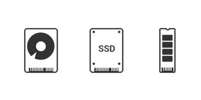 icônes d'un HDD, d'un SSD et d'une barrette SSD