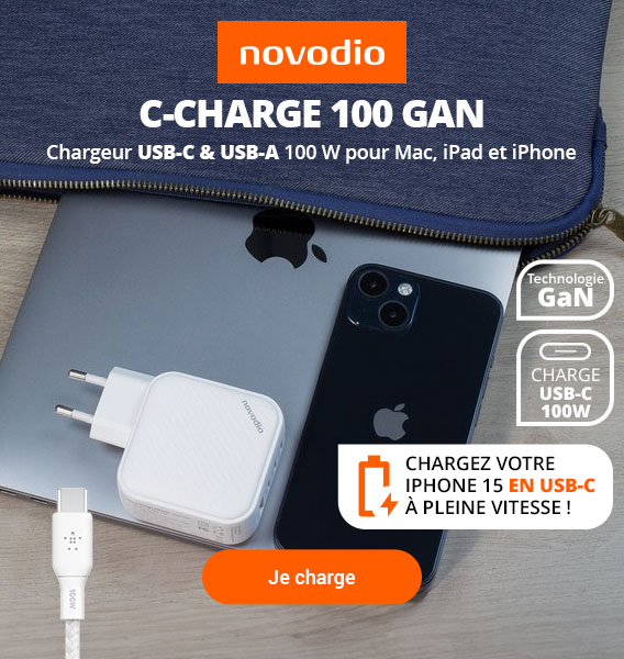 Chargeur USB-C & USB-A 100 W + Câbles USB-C et Lightning - Novodio