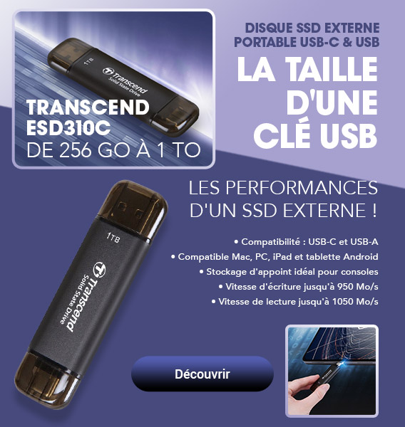 Disque SSD externe portable USB-C 1 To - Transcend ESD300 Argent
